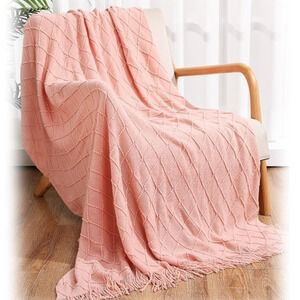 BRAND NEW ~ Set/2 Pink Knitted Textured Throw Blankets with Tassels ~ 51" x 71"